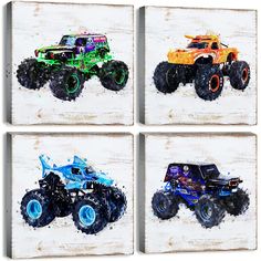 four colorful monster trucks painted on wooden panels