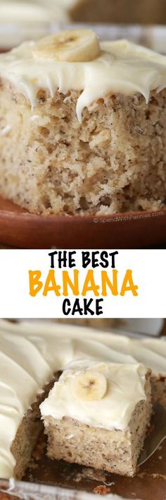 the best banana cake with cream cheese frosting is cut in half and ready to be eaten