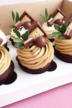 four cupcakes in a box with chocolate decorations on top and leaves sticking out of them