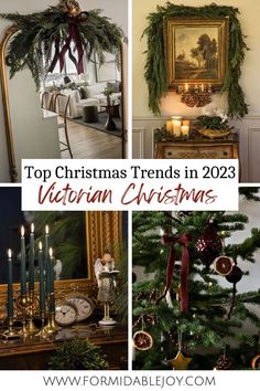 christmas decorations in the living room and dining room with text overlay that reads top christmas trends in 202 victorian christmas