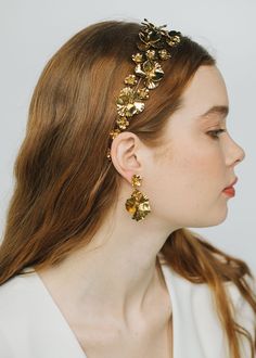 Sariyah Headband -- Gold Pansy Earrings, Golden Summer, Earring Frame, Hair Brooch, Luxury Hair Accessories, Jennifer Behr, Gold Headband, Gilded Age, Fancy Hairstyles