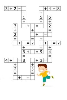 a crossword puzzle with a boy running across it