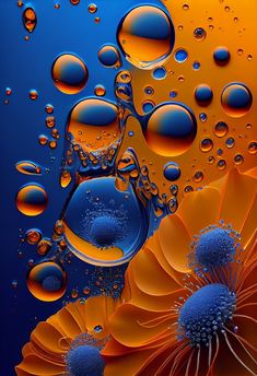 an orange and blue flower with water droplets on it's petals, as well as bubbles