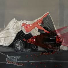 a painting of a woman laying on top of a car