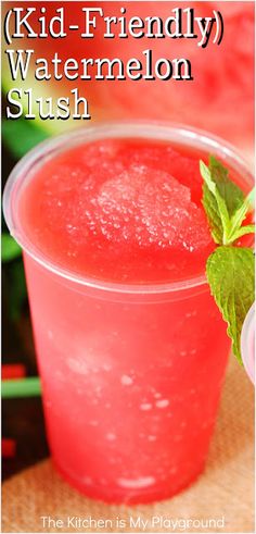 a close up of a drink in a plastic cup with watermelon on the rim