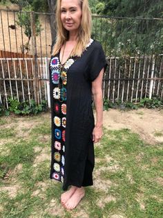 "Long semi sheer dress, swimsuit cover up, dress,black, Medium,large Really beautiful and unique with hand knit colorful squares down the front Measurements: Chest 49\" Waist 49\" Hips 50\" Length 49\" Excellent condition NK709b4 390f2 Long semi sheer dress, swimsuit cover up, dress,black, Medium,large" Black Spring Festival Cover-up, Black Maxi Beach Dress For Spring, Black Long Summer Cover-up, Casual Long Black Cover-up, Casual Black Long Cover-up, Black Hippie Dress For Festivals, One Size Black Cover-up For Summer, One Size Black Cover-up For Festival, Black One-size Cover-up For Festival