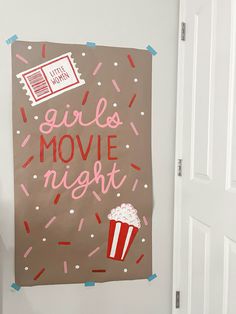 a brown poster with pink and white sprinkles that says girls movie night