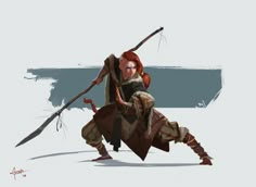 a woman with red hair is holding two large swords in one hand and her other arm extended