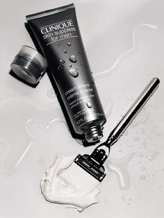 Clinique Skincare for Men Men Skincare Product Photography, Shaving Cream Aesthetic, Shaving Aesthetic Men, Black And White Product Photography, Men Skincare Aesthetic, Black Product Photography, Shaving Aesthetic, Skin Care Advertising, Men Cosmetic