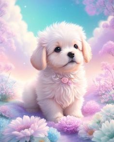 a small white dog sitting on top of a field of purple and blue daisies