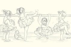 pencil drawing of four ballerinas on the beach