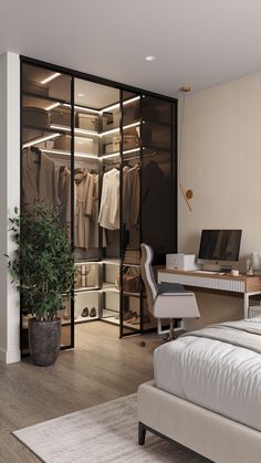 a bedroom with a bed, desk and closets in it's corner area