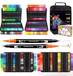 an assortment of art supplies including markers, pencils, and eraser pens are shown