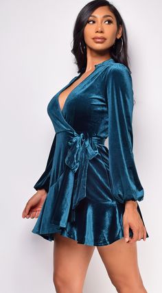 Velvet Wrap style Side tie Ruffled 95% Polyester 5% Spandex (Stretchy) Models height: 5'8" Model wears size S Velvet Dress Outfit, Teal Velvet Dress, Velvet Dresses Outfit, Velvet Mini Dress, Ruffle Mini Dress, Satin Mini Dress, Mini Velvet Dress, Curvy Girl Outfits, Floral Mini Dress