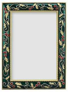 an ornate green and gold frame with red beads on the edges, decorated with leaves