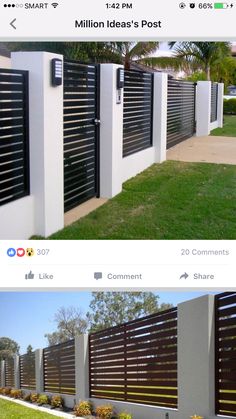 two screens showing the same privacy fence as they appear in this photo, and one shows that it's made out of wood slats