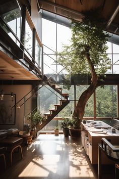 a tree in the middle of a kitchen with stairs leading up to an open floor plan