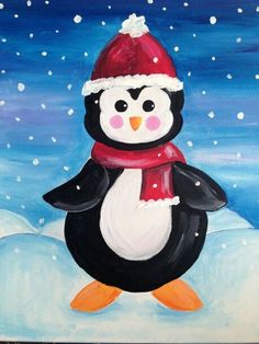 a painting of a penguin wearing a santa hat and scarf