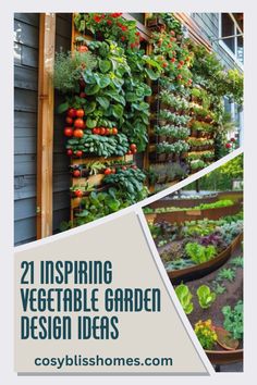 an outdoor garden with lots of plants growing on it and the words, 21 inspring vegetable garden design ideas