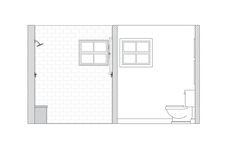 an outline drawing of a bathroom with a toilet and shower in the corner, next to a brick wall