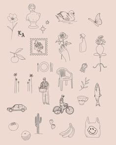 an image of various things drawn in black and white on a light pink background with text