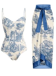 White and blue printed set of 2 swimsuit and maxi skirt - Wapas Classic Swimsuit, Dorothy Dandridge, Swimsuit White, Look Retro, Looks Party, Ruffle Swimsuit, Print Swimsuit, Printed Swim, Simple Fashion