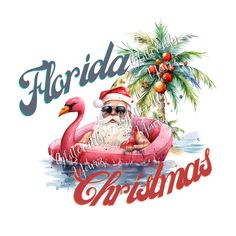 a santa clause is riding in an inflatable boat with flamingos and palm trees