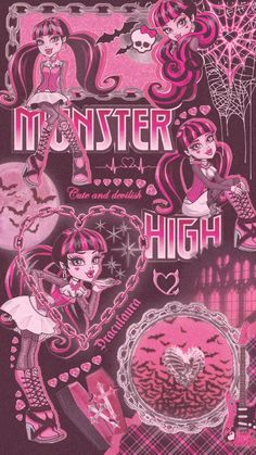 the poster for monster high is shown in pink