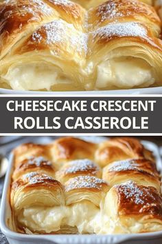 two pictures showing how to make cheesecake crescent rolls in casserole pans