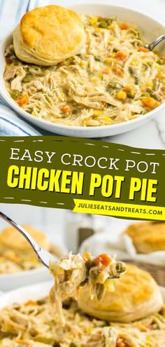 This Crock Pot Chicken Pot Pie is a simple dinner recipe loaded with juicy bites of chicken, and vegetables in a creamy sauce with a biscuit on top. This homemade chicken pot pie will be your new go-to comfort food! Chicken Pot Pie Recipe Crockpot, Slow Cooker Chicken Pot Pie, Chicken Potpie, Crockpot Chicken Pot Pie, Homemade Chicken Pot Pie, Chicken Pot Pie Recipe, Chicken Pot Pie Soup, Easy Crockpot Dinners, Best Crockpot Recipes