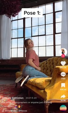 a woman sitting on top of a yellow couch in front of a window with the caption pose 1