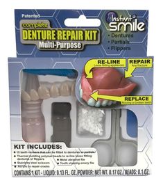 WOW REPAIR AND FIX YOUR OWN DENTURES FAST AND EASY REPAIR FIX DENTURES, PARTIALS, FLIPPERS FIX CRACKS AND FRACTURES REPLACE MISSING OR BROKEN TEETH ALSO FAST AND EASY TO RELINE AND GET THAT COMFORTABLE FIT EASY TO RE-LINE LOOSE FITTING DENTURES & FLIPPERS WHY PAY SOMEONE AND WAIT - NOW YOU CAN EASILY DO IT YOUR SELF PATENTED MULTI- PURPOSE REPAIR KIT KIT COMES WITH 10 TEETH VENEERS TO FIX OR REPLACE BROKEN TEETH MOLDING POLYMER BEAD TO EASILY RE-LIINE LOOSE FITTING DENTURES OR PARTIALS COMES WIT Denture Repair Kits, Complete Denture, Denture Repairs, Affordable Dentures, Teeth Covers, Temporary Tooth, Facial Bones, Dental Impressions, Tooth Repair