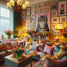 a living room filled with lots of furniture and pictures on the wall above it's windows