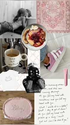 a collage with pink and white items, including a bed, coffee cup, rugs, and other things