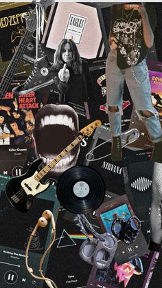 a collage of music related items including an electric guitar