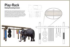 an elephant is standing in front of a rack with musical instruments hanging from it's sides