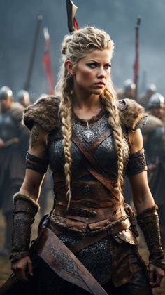 The famous Viking Lagertha on the battlefield with her 1 Viking Girl Costume, Vikings Female, Viking Braids Female, Viking Lagertha, Female Viking Warrior, Viking Shieldmaiden, Viking Girl, Barbarian Woman, Viking Pictures