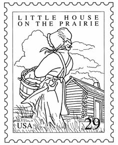 a stamp with the words little house on the prairie and a woman carrying a basket