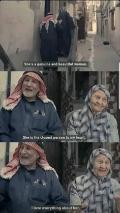 an old man and woman are talking to each other