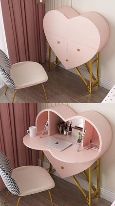 two photos of a desk with a heart shaped shelf on top and a chair in the middle