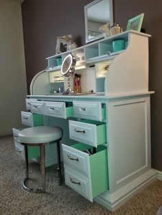 an image of a vanity with drawers and stools on the bottom shelf in front of it