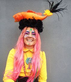 Festival Headdress, Fruit Hat, Festival Headpiece, Extreme Fashion, Black Rock City, Orange Fish, Carmen Miranda, Conceptual Fashion