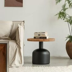 a living room with a couch, table and books on the coffee table in front of it