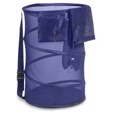 a purple plastic bucket with straps on the side and a blue mesh cover over it