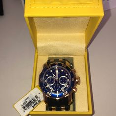 Brand New Never Worn With Tags. Beautiful Watch With Blue Black Gold Detail. Items For Men, Luxury Yellow Men's Watch Accessories, Luxury Self-winding Yellow Gold Pocket Watch As Gift, Invicta Mens Watch, Luxury Yellow Gold Automatic Watch, Luxury Yellow Watches With Metal Dial, Mens Invicta Watches, Invicta Watches, Tea Party Birthday