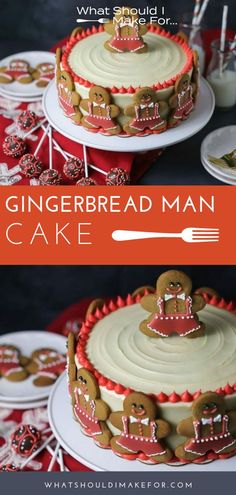 gingerbread man cake with icing and cookies on top is shown in the foreground