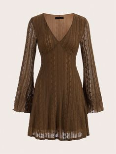 Solid Flounce Sleeve Lace Dress Without Belt, School Coffee Brown Casual  Extra-Long Sleeve Lace Plain A Line Slight Stretch  Women Clothing, size features are:Bust: ,Length: ,Sleeve Length: Long Sleeve Boho Dress, Sleeve Lace Dress, Floral Prom Dresses, Fairy Clothes, Lace Dress With Sleeves, Extra Long Sleeves, Flounce Sleeve, Coffee Brown, Mini Dresses