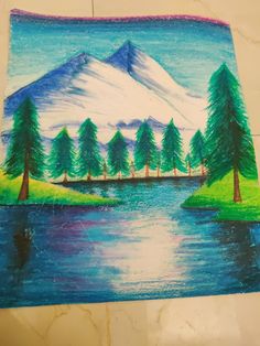 a drawing of a mountain with trees in the foreground and a river running through it