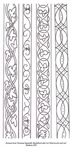 four different types of ornamental designs in black ink on white paper, each with an ornate design