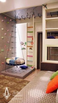 a room with a bed, shelves and climbing bars